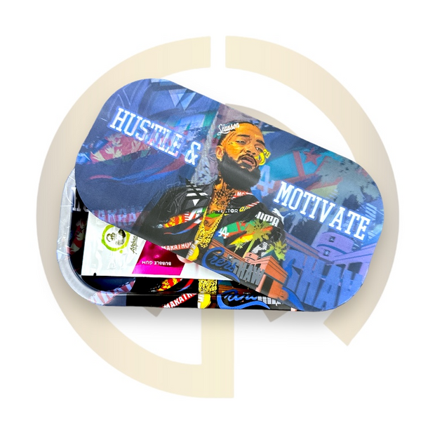 Slim Metal Rolling Tray w/ 3D Magnetic Lid - Hustle and Motivate