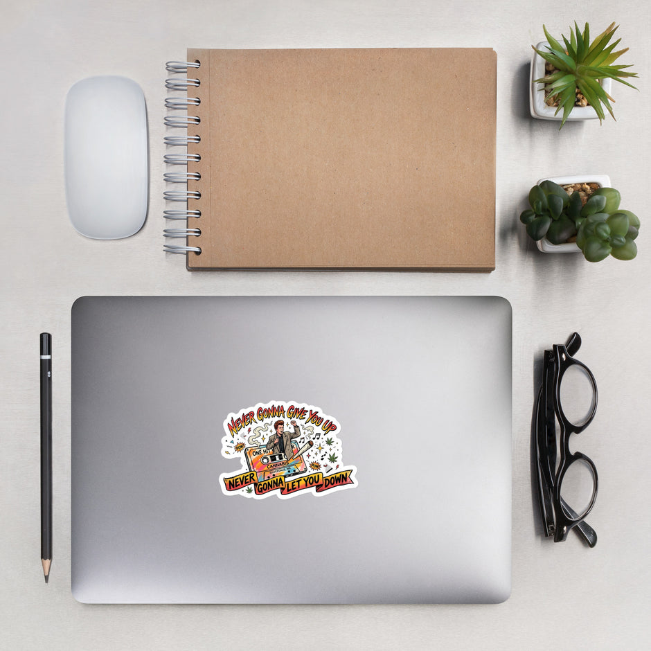 Never Gonna Give You Up Sticker - 4in on a laptop