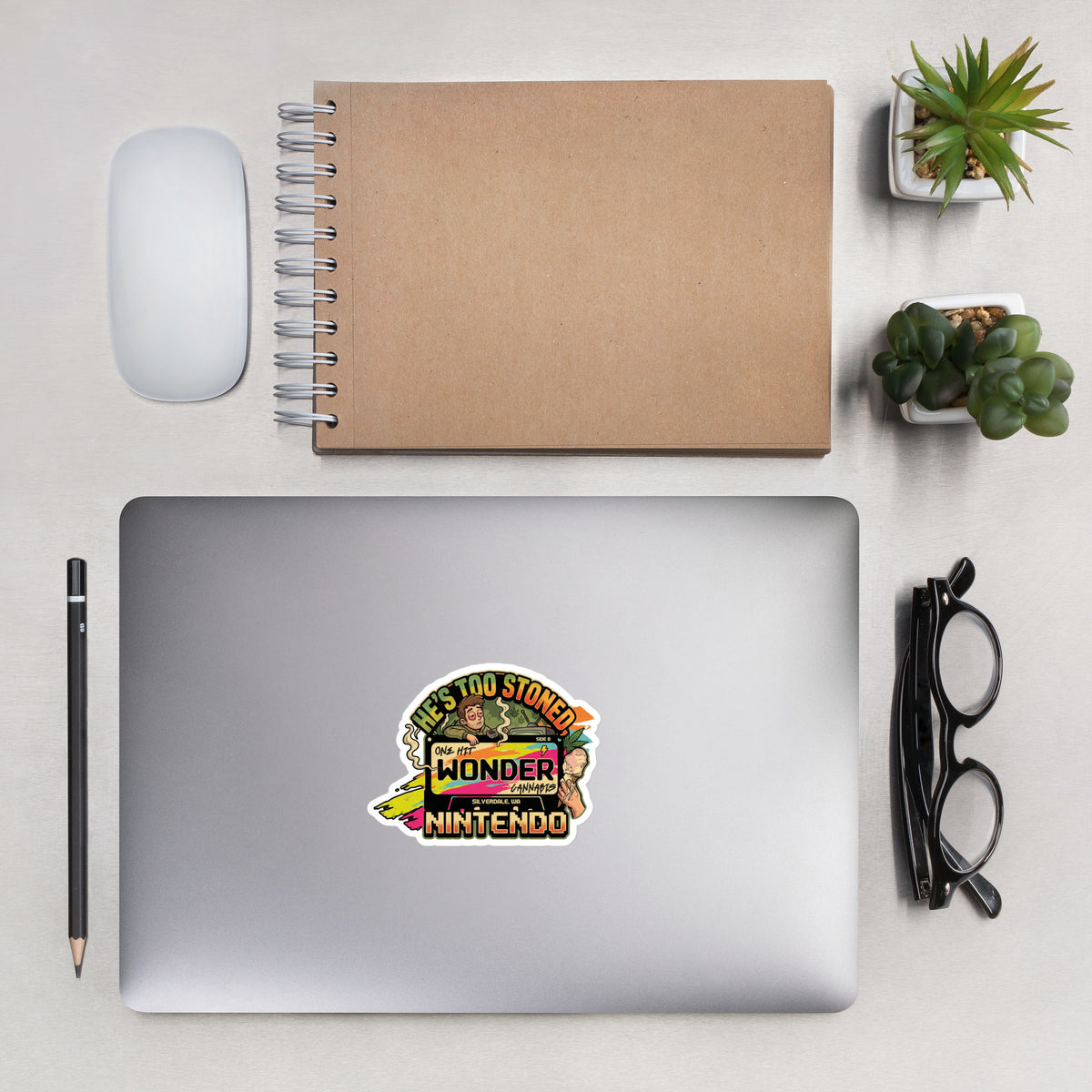 He's Too Stoned Sticker - 4in on a laptop