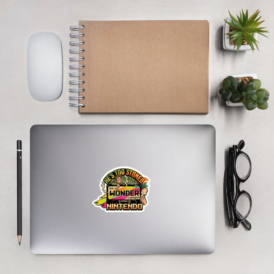 He's Too Stoned Sticker - 4in on a laptop