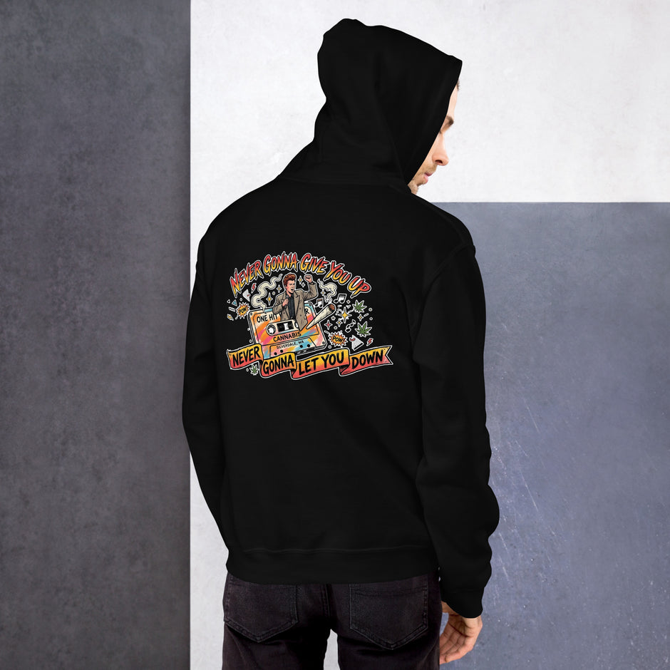 Never Gonna Give You Up Hoodie - Black, back, worn
