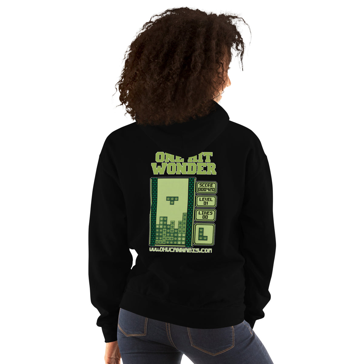 One Hit Wonder Block Stack Hoodie - Black, back, worn