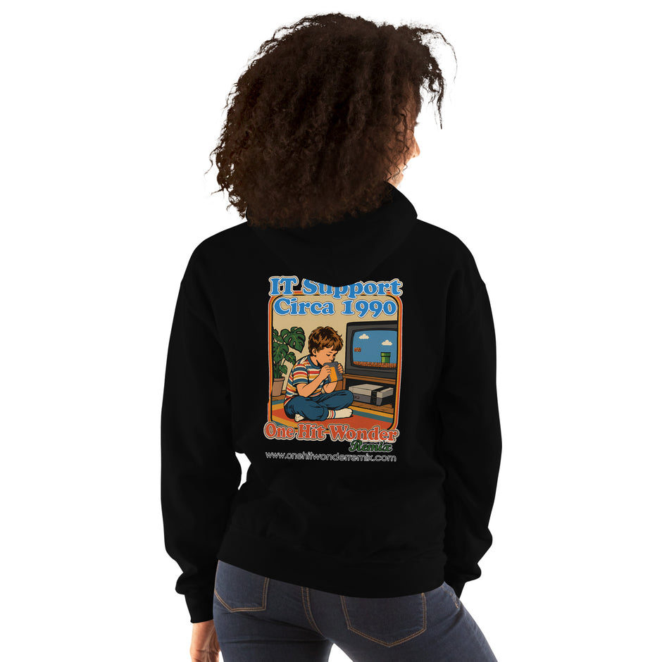 IT Support Circa 1990 Hoodie - Black, back, worn