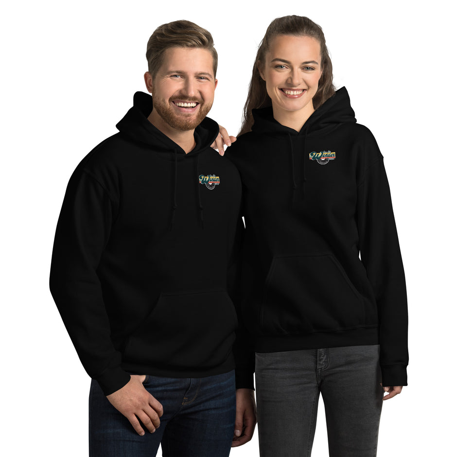 One Hit Wonder Port Townsend Logo Hoodie - Black, front, worn (couple)