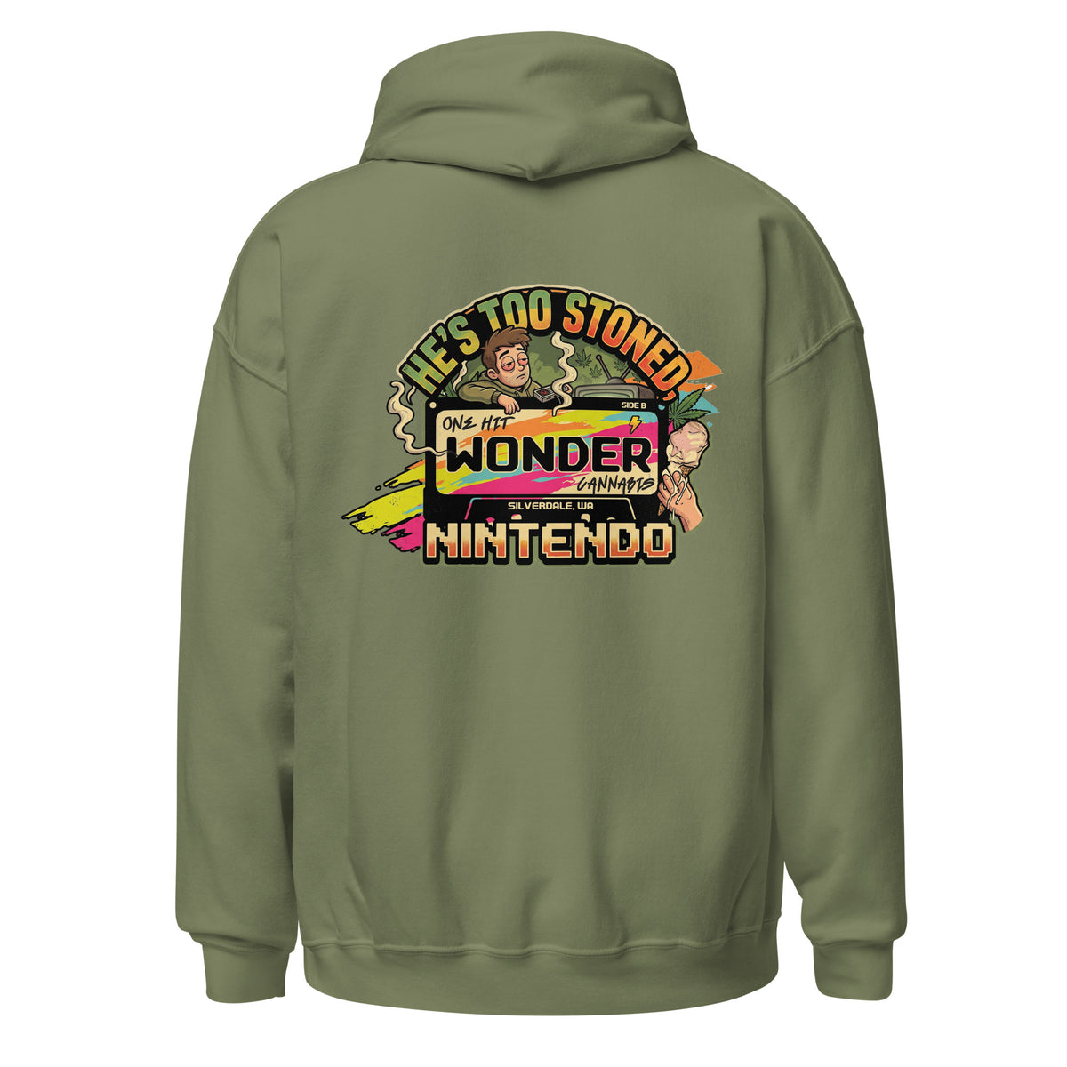 He's Too Stoned Hoodie - Military Green, back