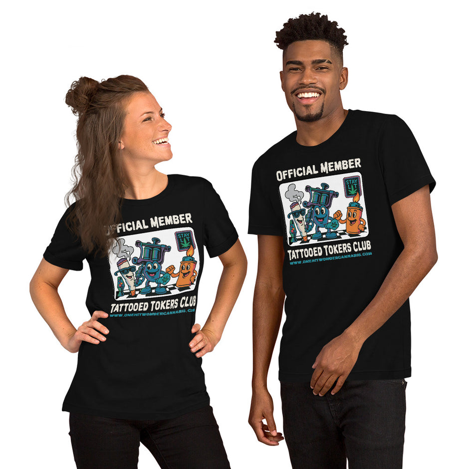 Tattooed Tokers Club Tee - Black, front, worn (couple)