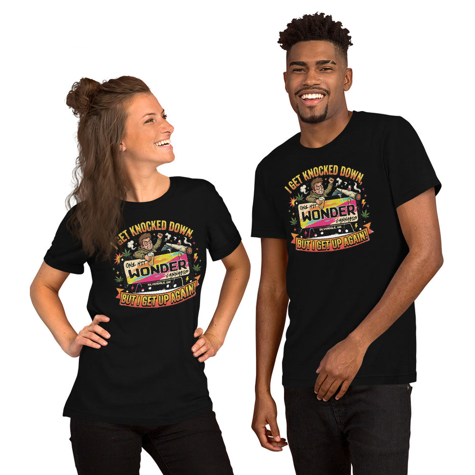 I Get Knocked Down Tee - Black, front, worn (couple)
