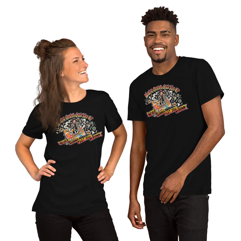 Never Gonna Give You Up Tee - Black, front, worn (couple)