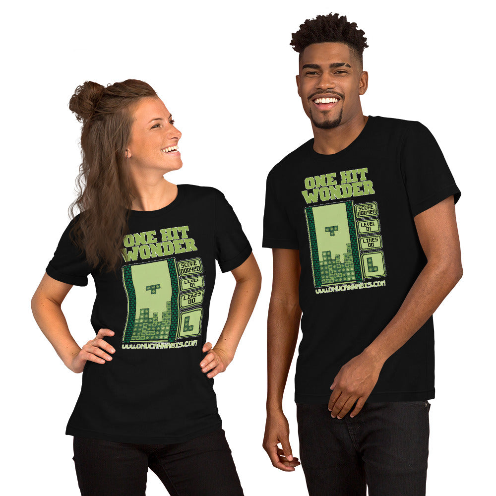 One Hit Wonder Block Stack Tee - Black, front, worn (couple)