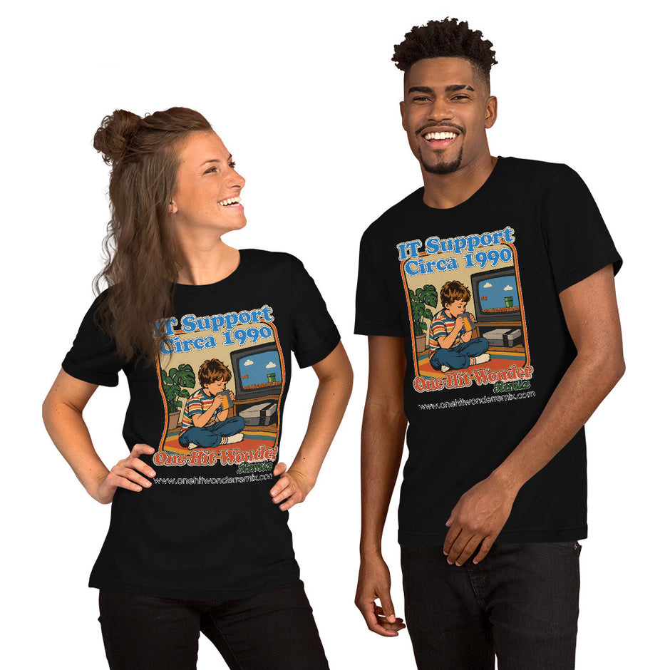 IT Support Circa 1990 Tee - Black, front, worn (couple)