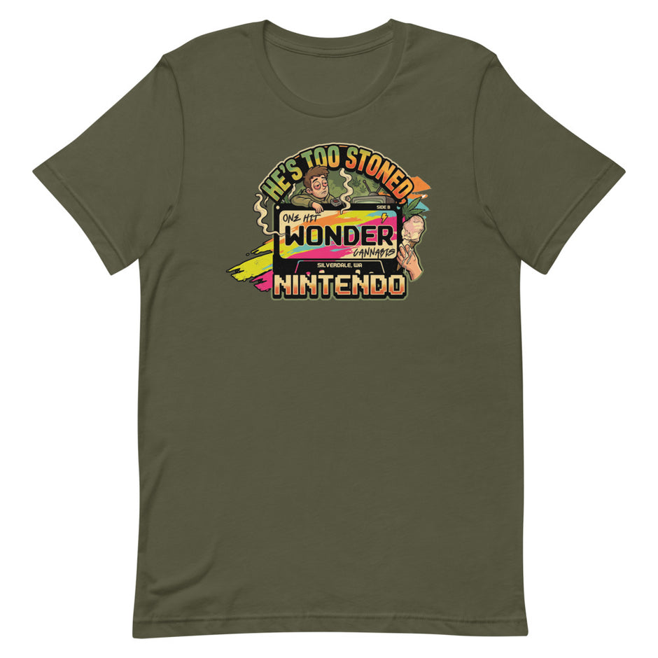 He's Too Stoned Tee - Military Green, flat