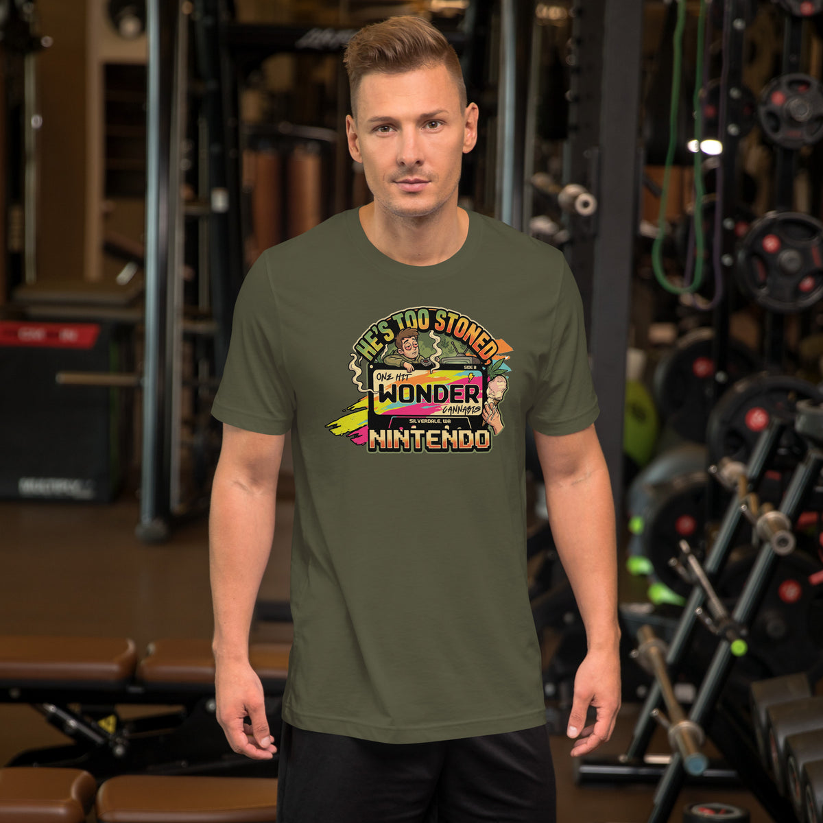 He's Too Stoned Tee - Military Green, worn