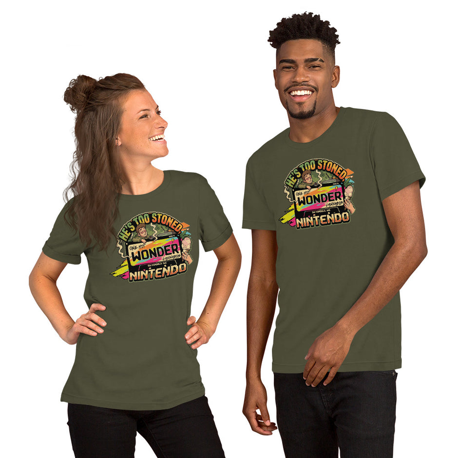 He's Too Stoned Tee - Military Green, front, worn (couple)